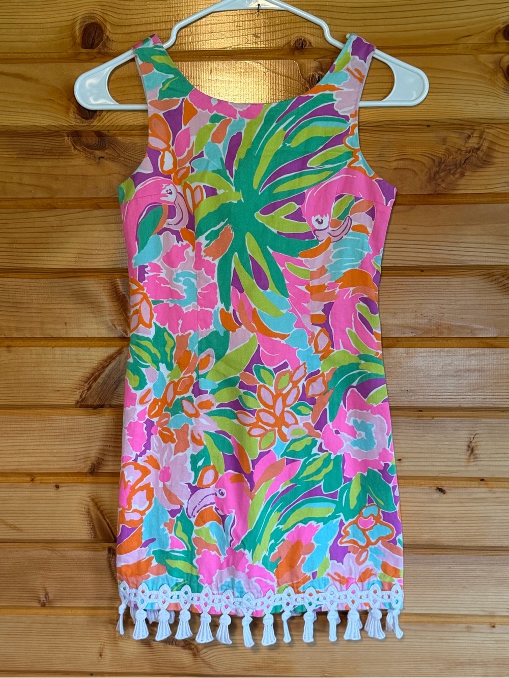 Lilly Pulitzer Girl’s Vibrant Pink Multi Tropical Shift Dress with Tassels